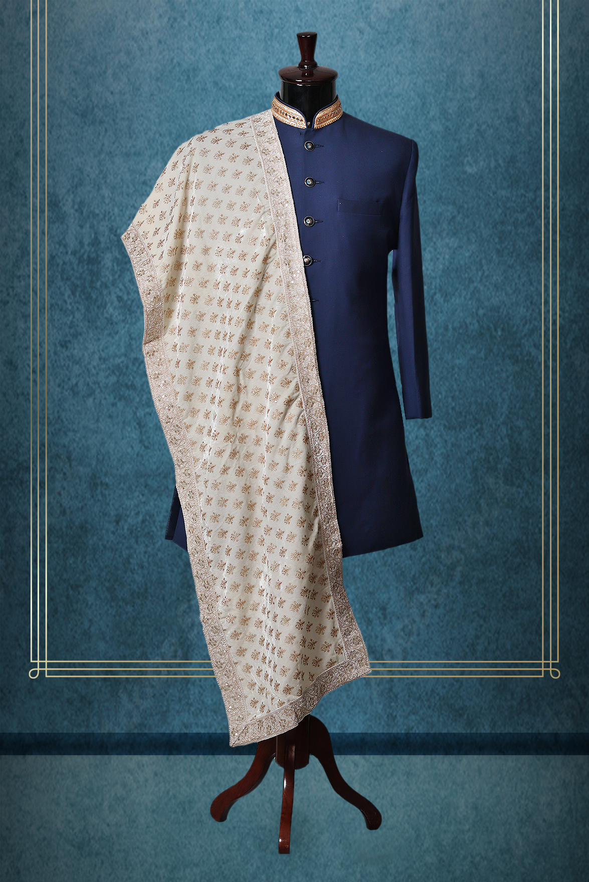 Ivory White Elegant Grooms Shawl With Golden Threadwork Details