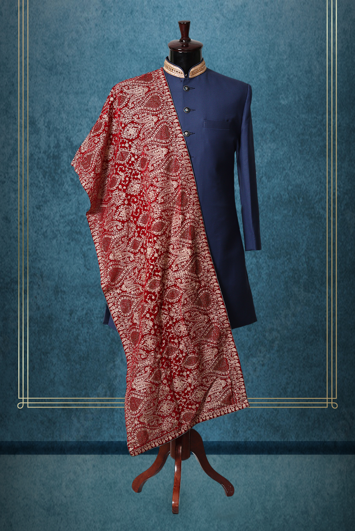 Saffron Red Elegant Grooms Sherwani With Golden Threadwork Details