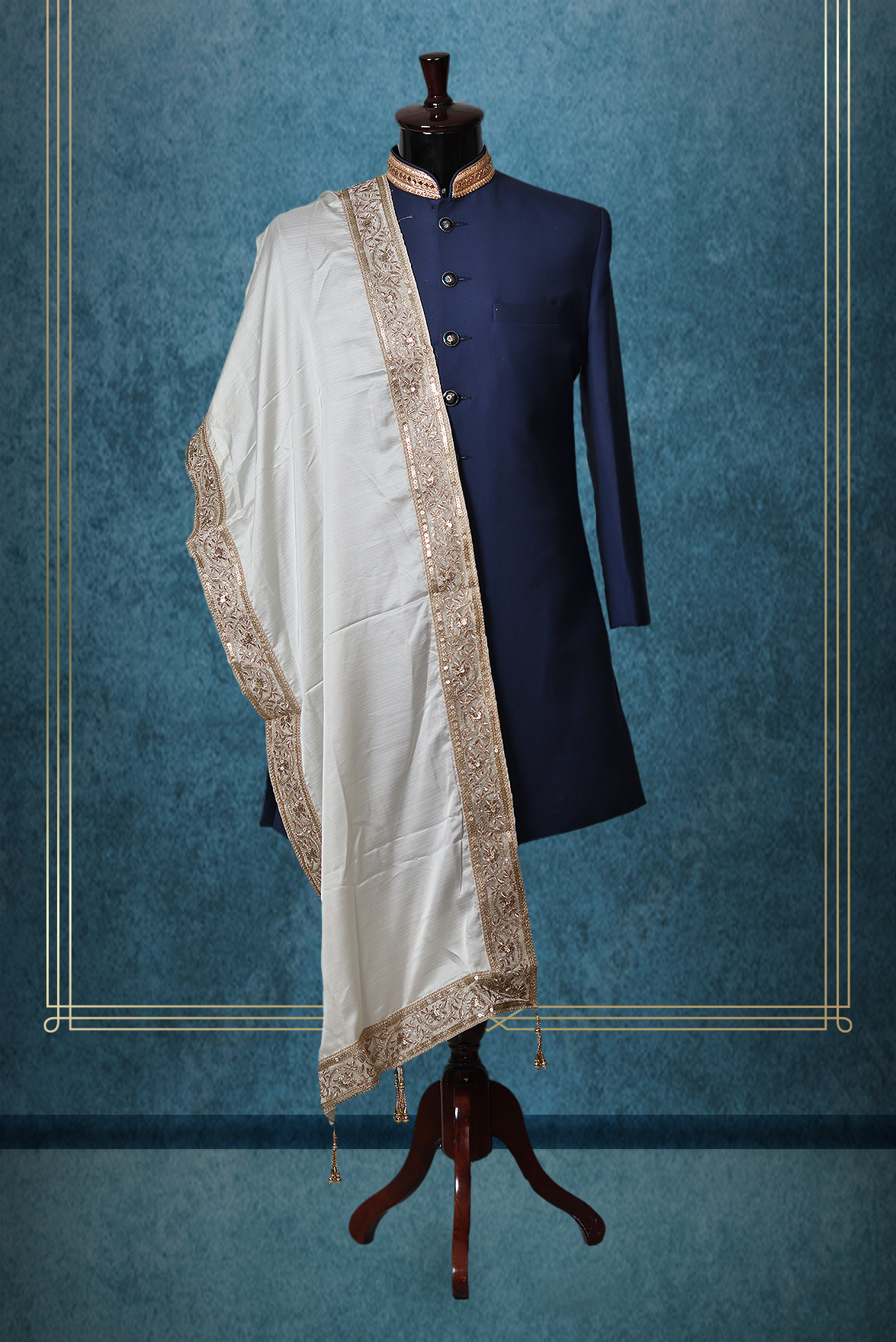 Pearl White Minimal Grooms Shawl With Golden Border Details