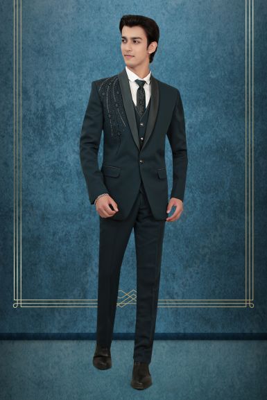 Blackish Green Tuxedo Suit with Sequin Embellished Shoulder and Satin Lapels