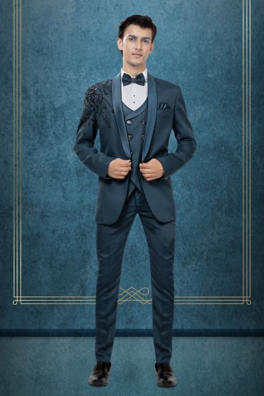 Prussian Blue Handworked Designer Tuxedo In 3 pc Set