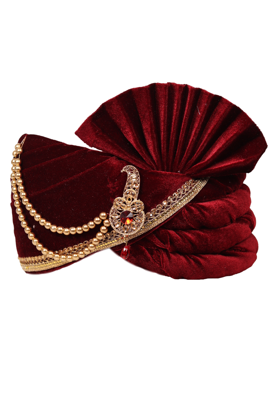 Maroon Velvet Classic Turban With Golden Front Locket