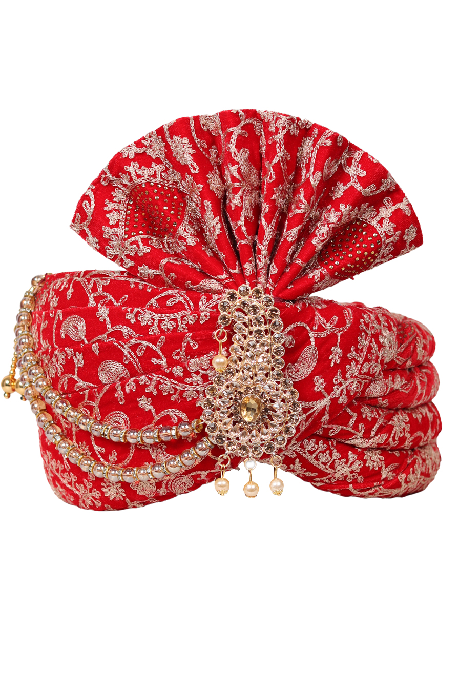 Saffron Red Threadworked Fabric Turban With Golden Front Locket
