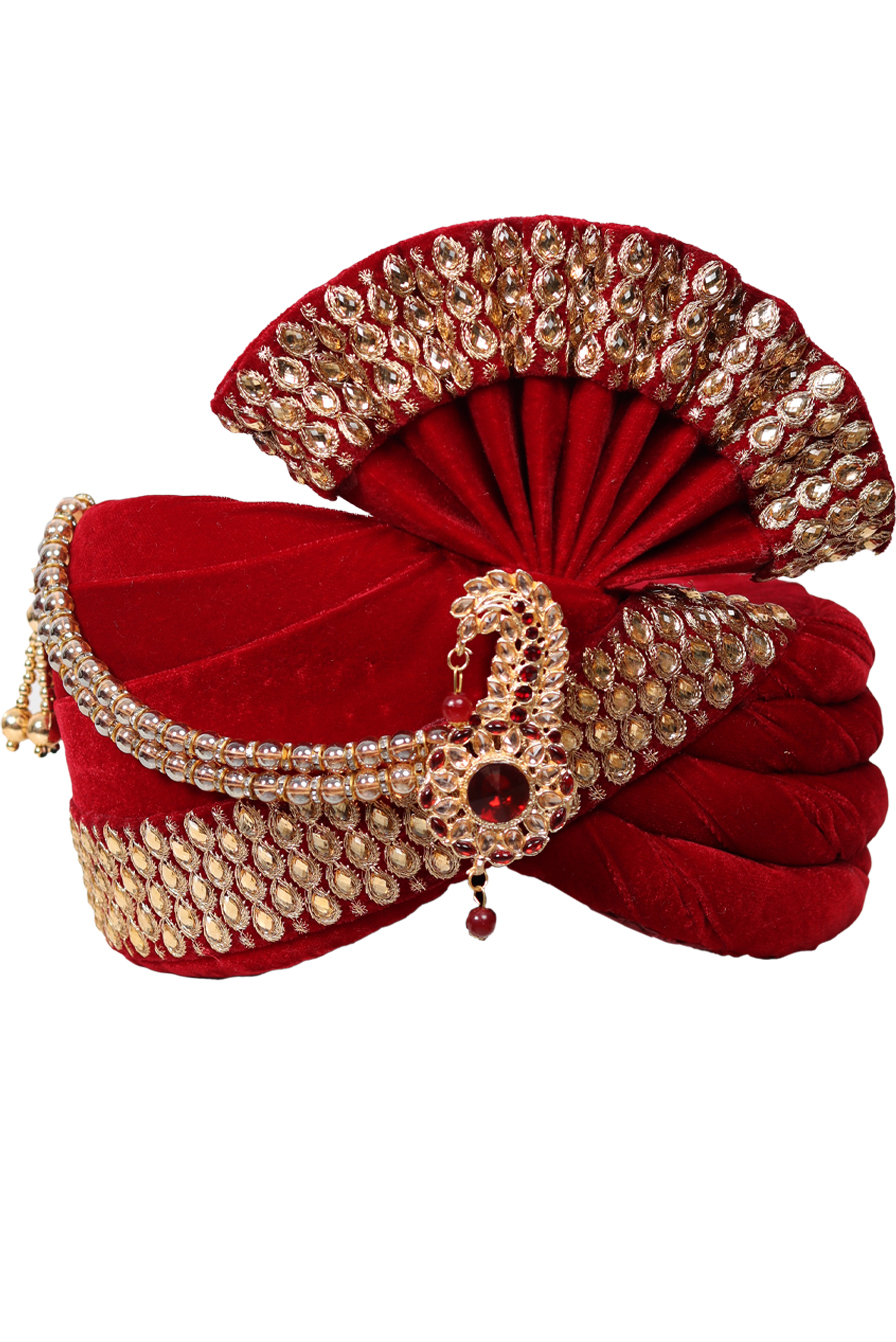 Bright Red Turban With Golden Front Locket And Golden Threadworked Border