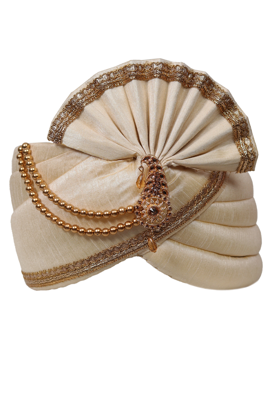 White Turban With Golden Front Locket And Golden Threadworked Border