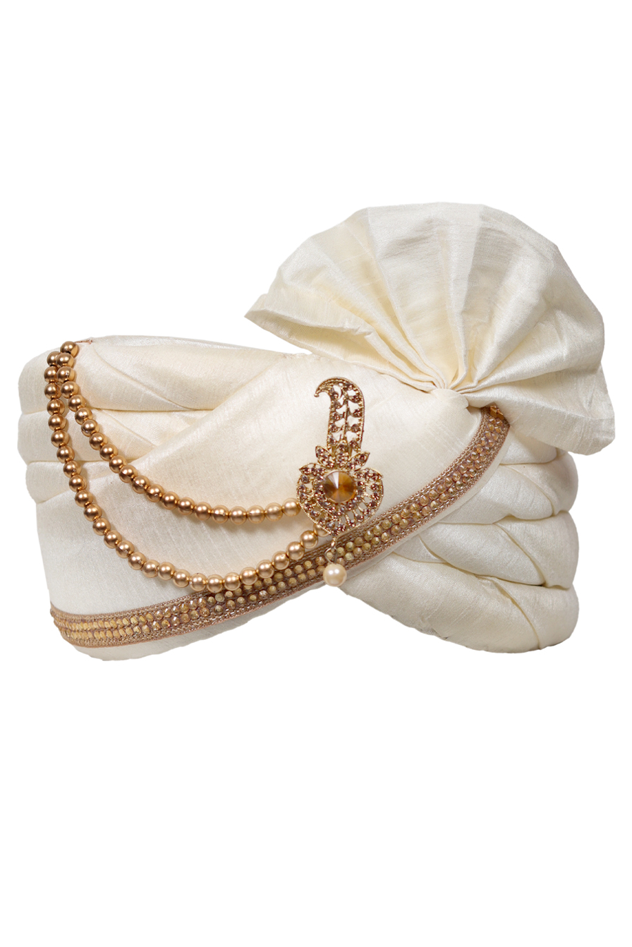 White Turban With Golden Front Locket And Golden Beads Attachment