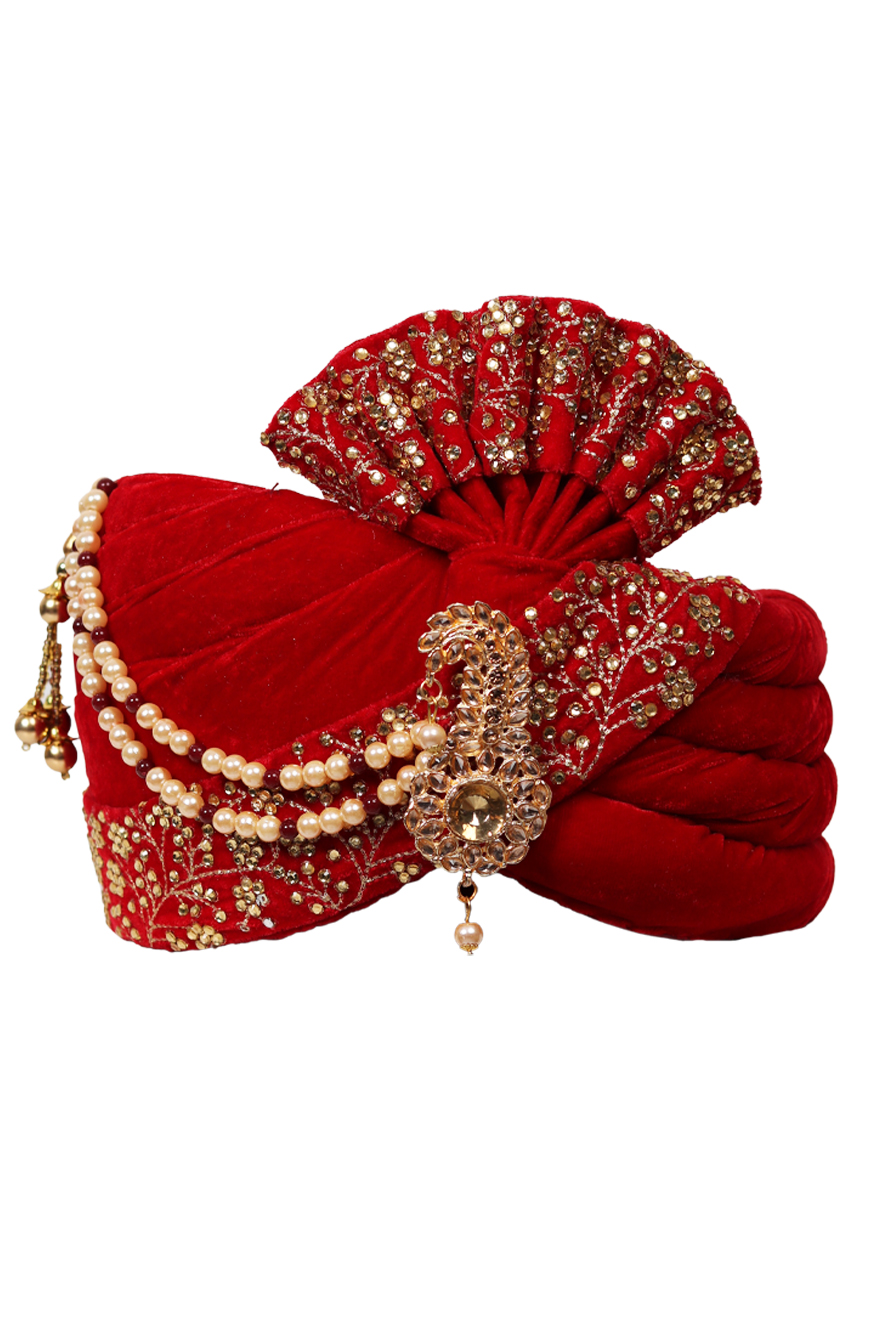 Bright Red Turban With Golden Front Locket And Golden Threadworked Border