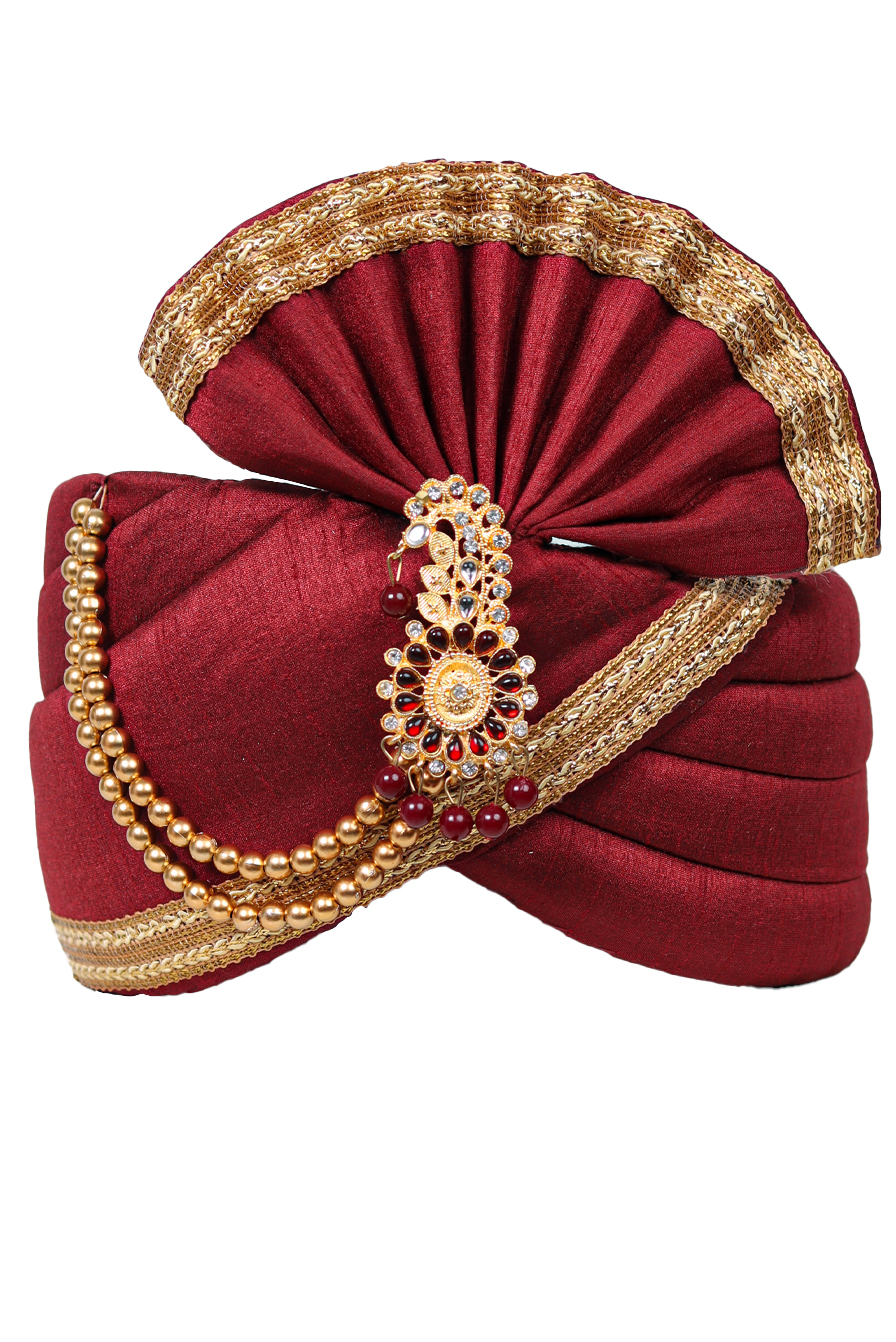 Cherry Red Colour Classic Turban With Golden Border  And Golden Chain