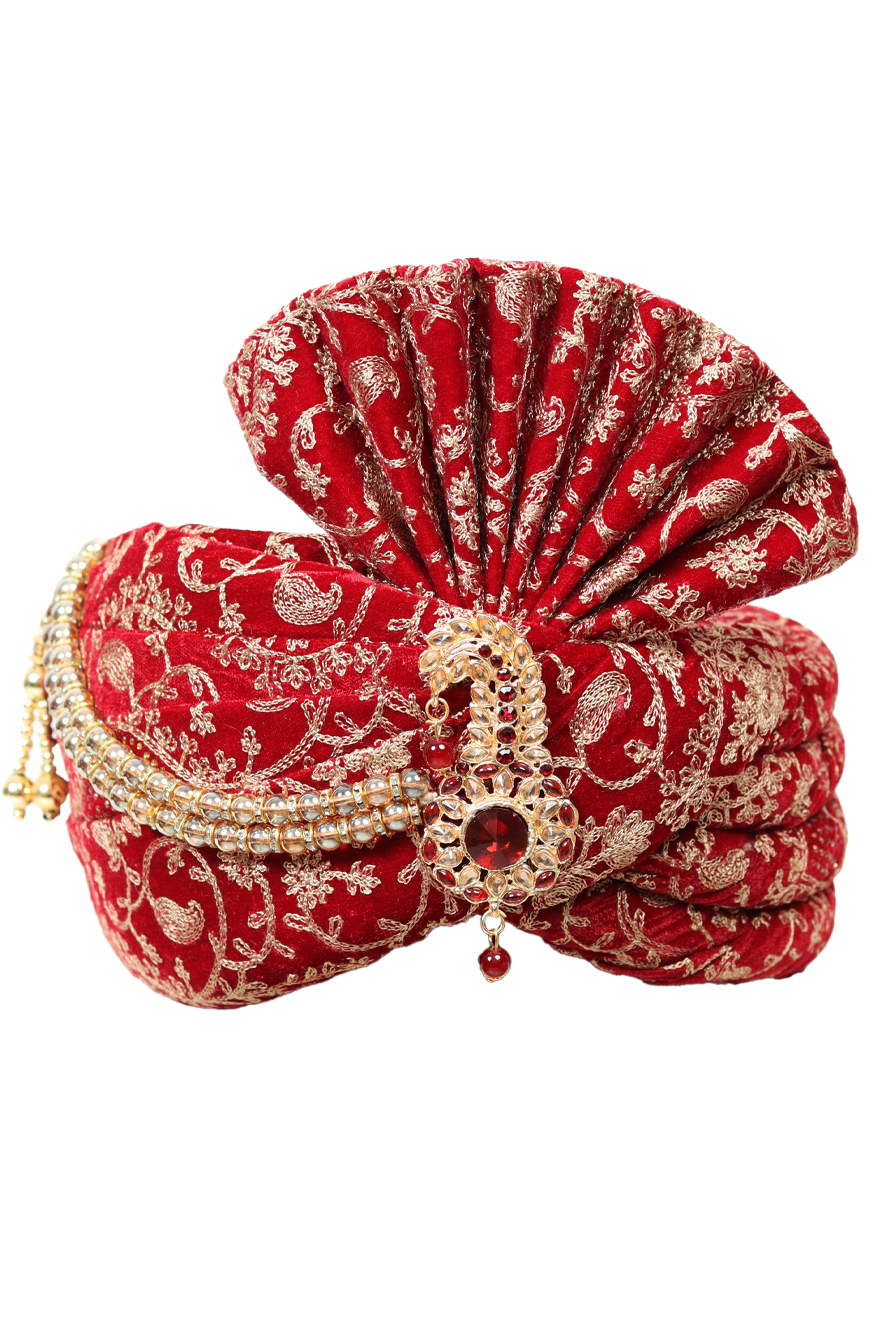 Golden Motif Printed Red Turban With Golden Beads Embellishment