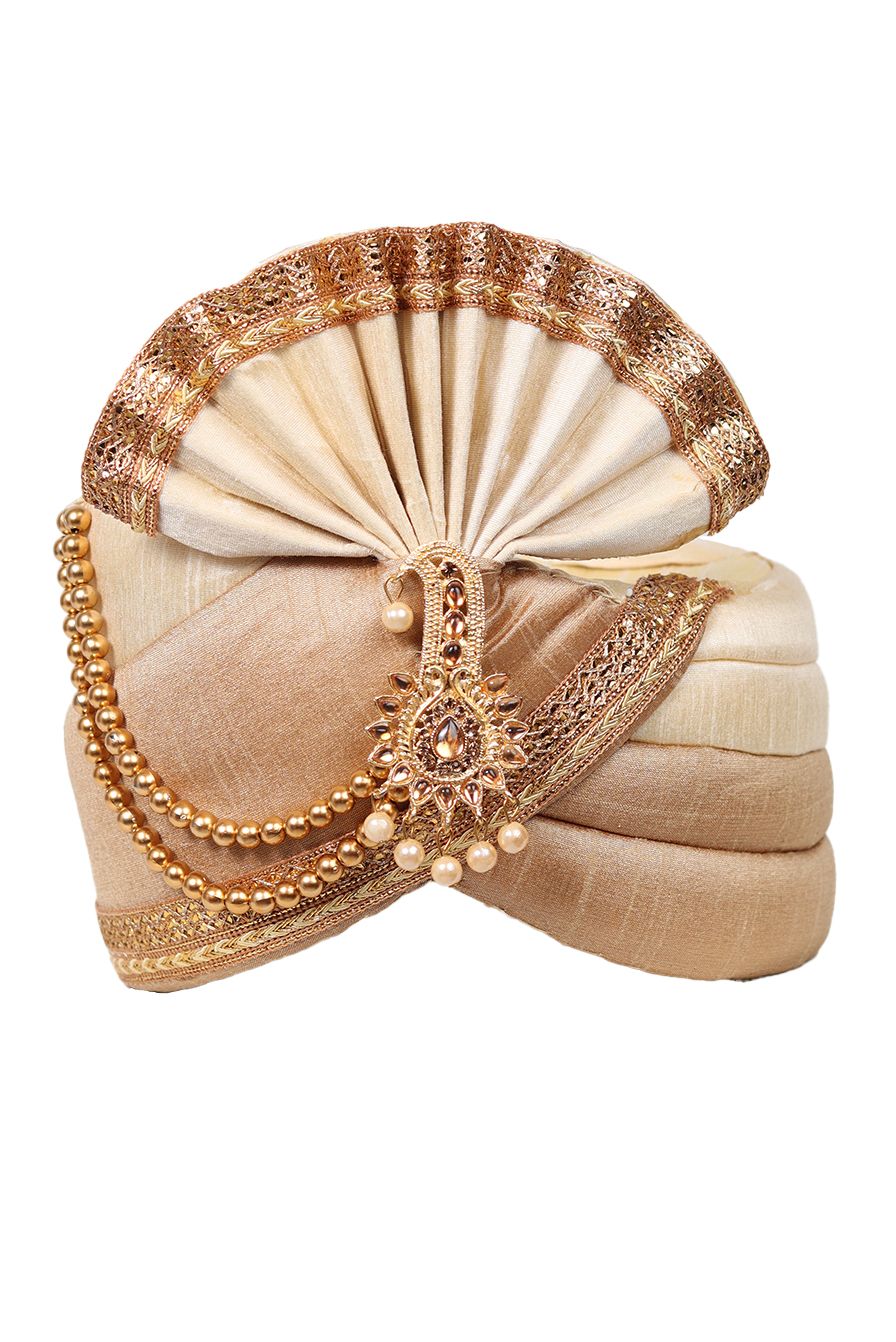 Beige And White Classic Turban With Gilden Border And Beads Embellishment