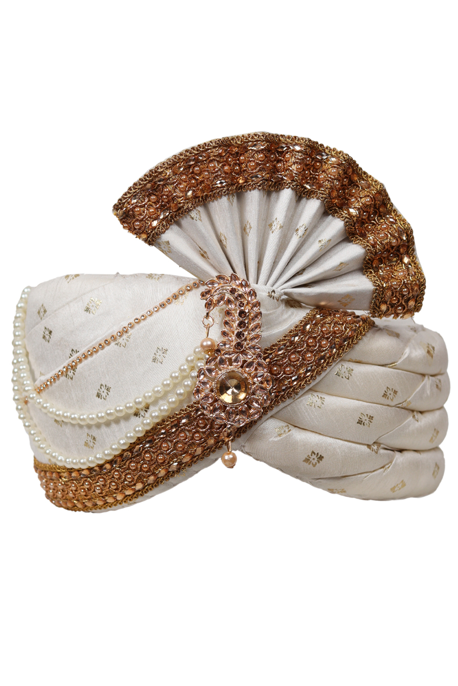 Ivory White Turban With Dark Golden Border