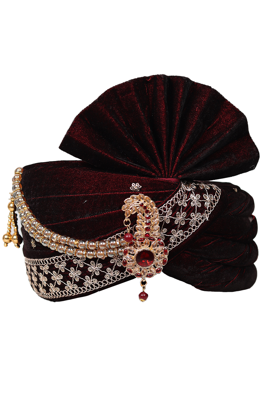Dark Maroon Classic Turban With Wide Golden Border