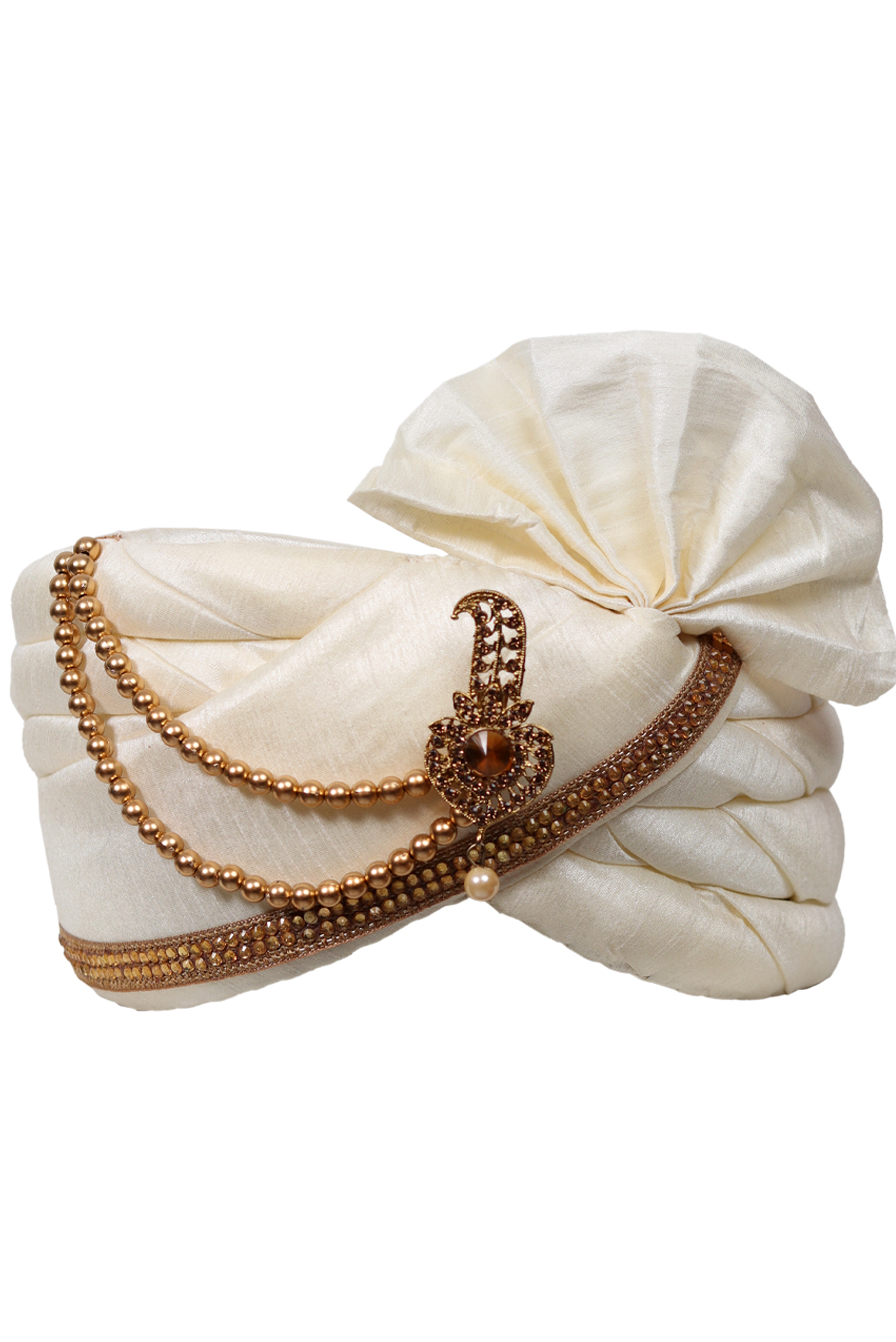 Pearl White Plain Classic Turban With Golden Beads Embellishment