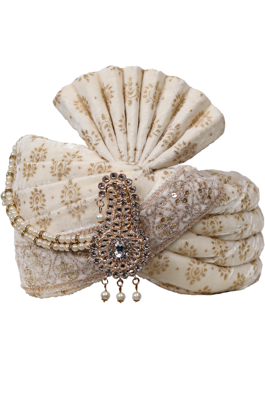 Golden Motif Printed Off White Classic Turban With White And Golden Beads