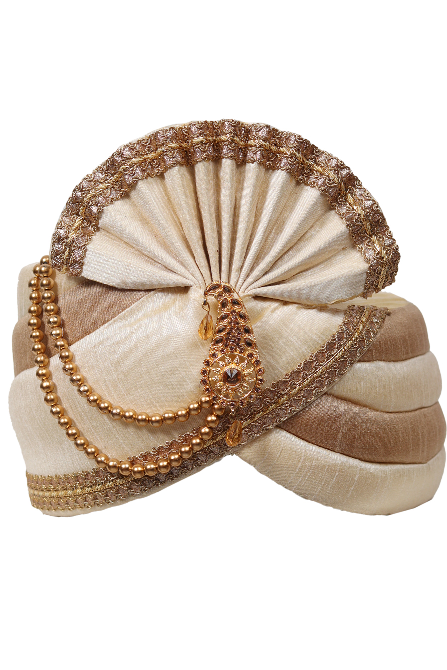 White And Golden Interlined Elegant Turban With Golden Beads ANd Golden Front Locket