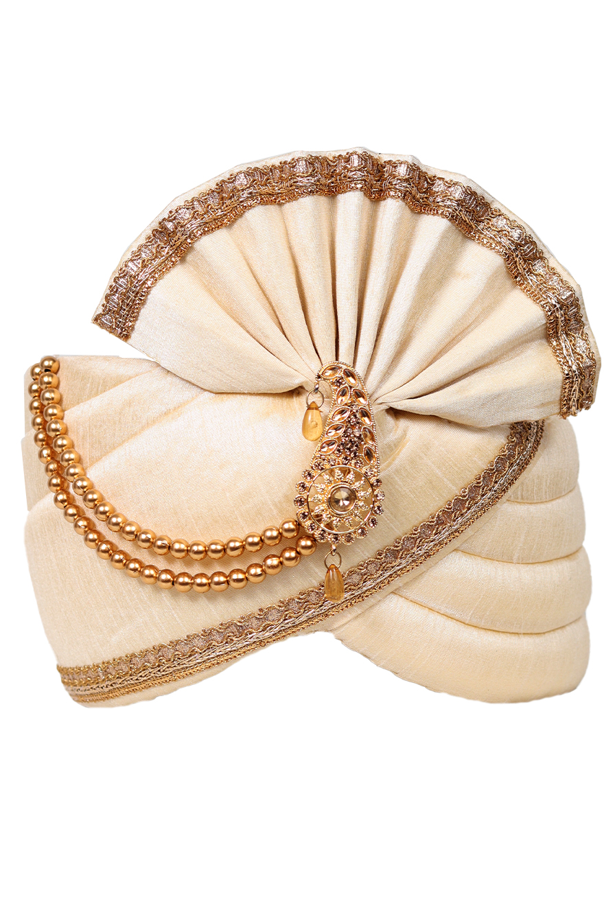 Pearl White Plain Classic Turban With Golden Beads Embellishment And Golden Front Locket
