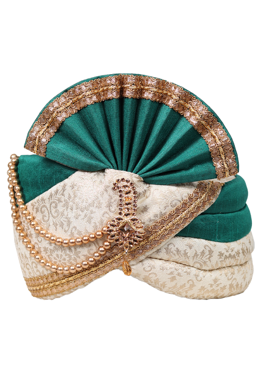 Blue Green And Printed White Elegant Grooms Turban With Golden Border Detailing