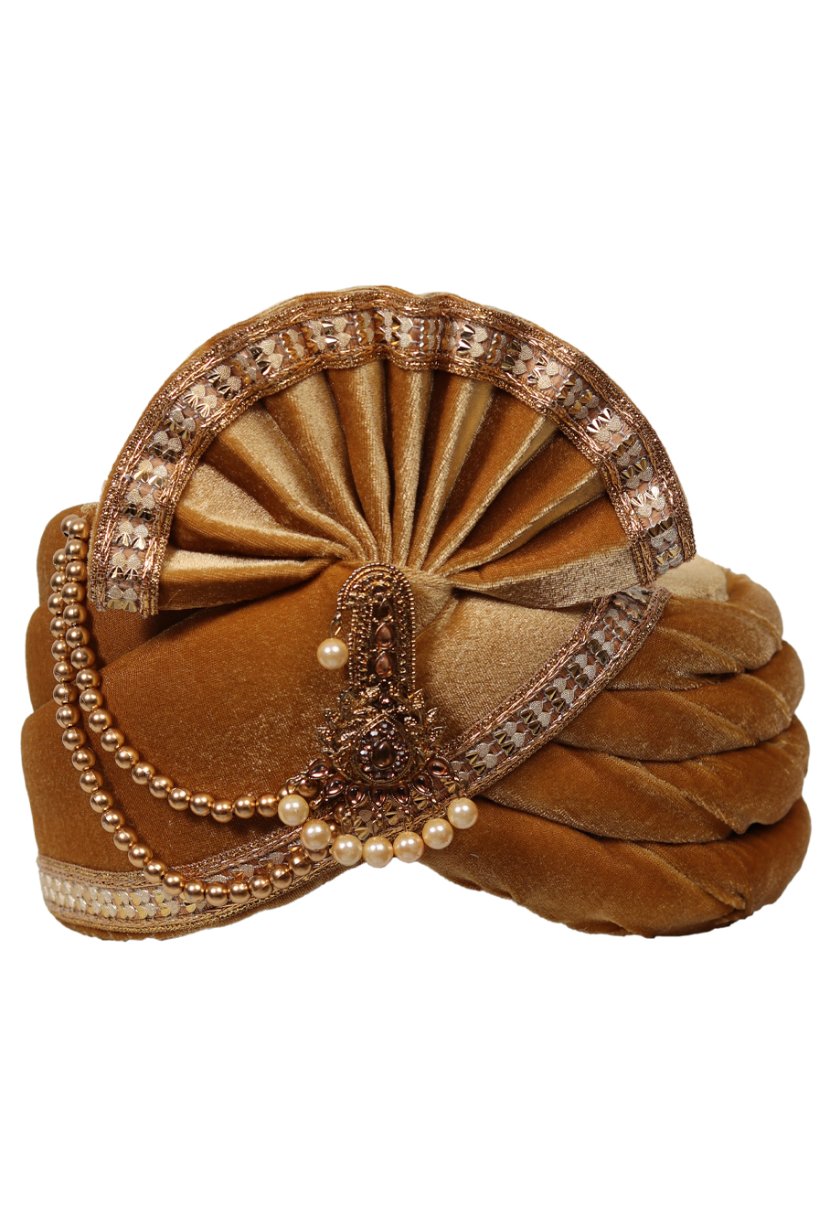 Dark Golden Brown Velvet Plain Turban With Golden Border Detailing