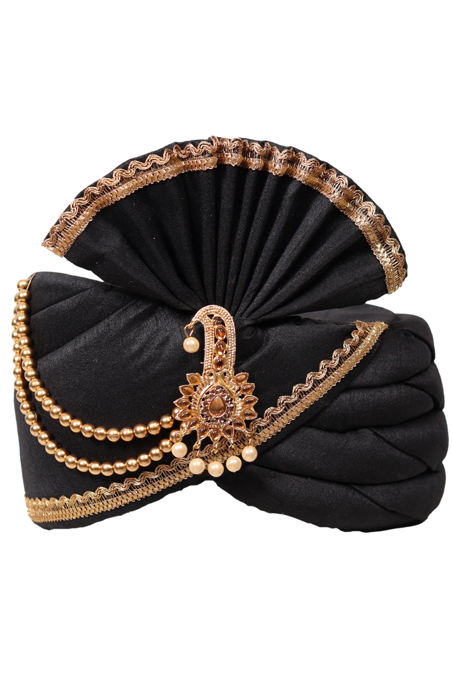 Black Classic Turban With Golden Border Embellishment