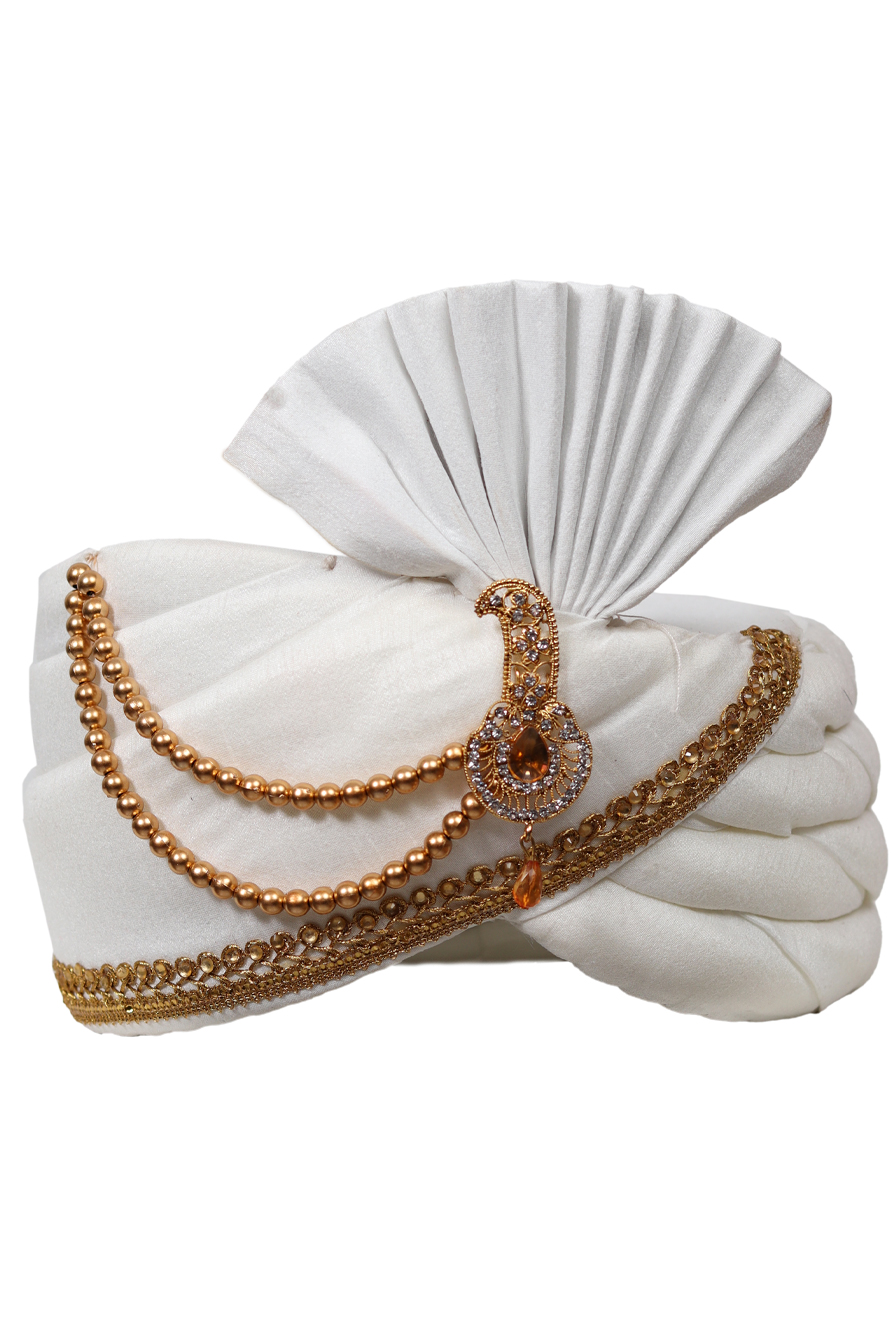 Pure White Classic Turban With Golden Border Embellishment