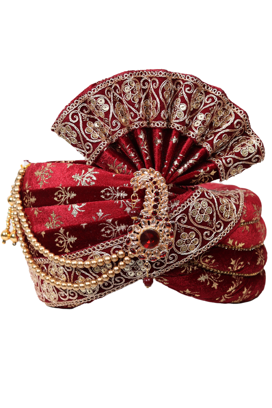 Golden Motif Printed Red Turban With Heavy Threadworked Border