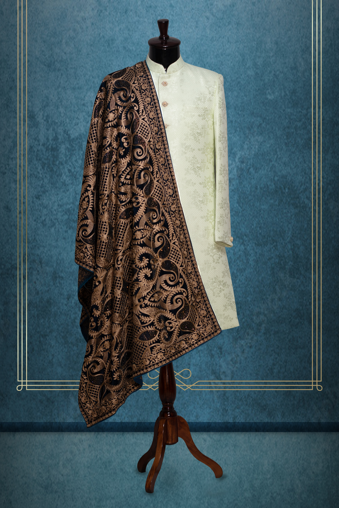 Dark Navy Blue Grooms Shawl With Heavy Detailed Beige Colour Work Details And Threadwork