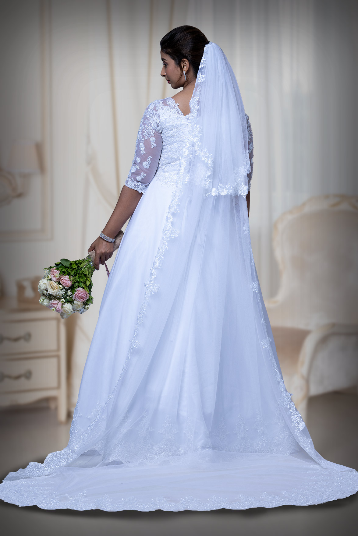 White oriental lace scallop net veil