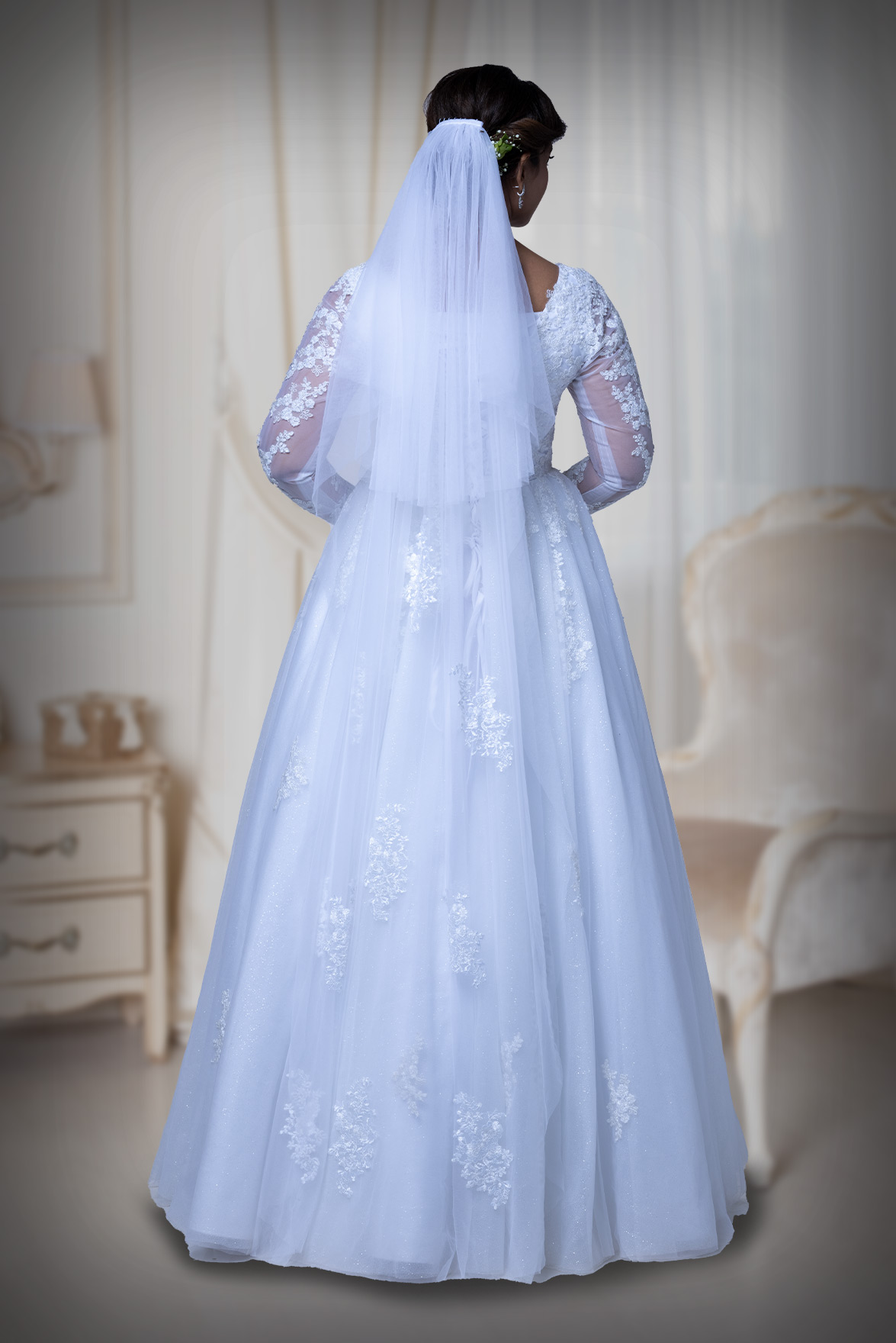 White oriental lace work net veil