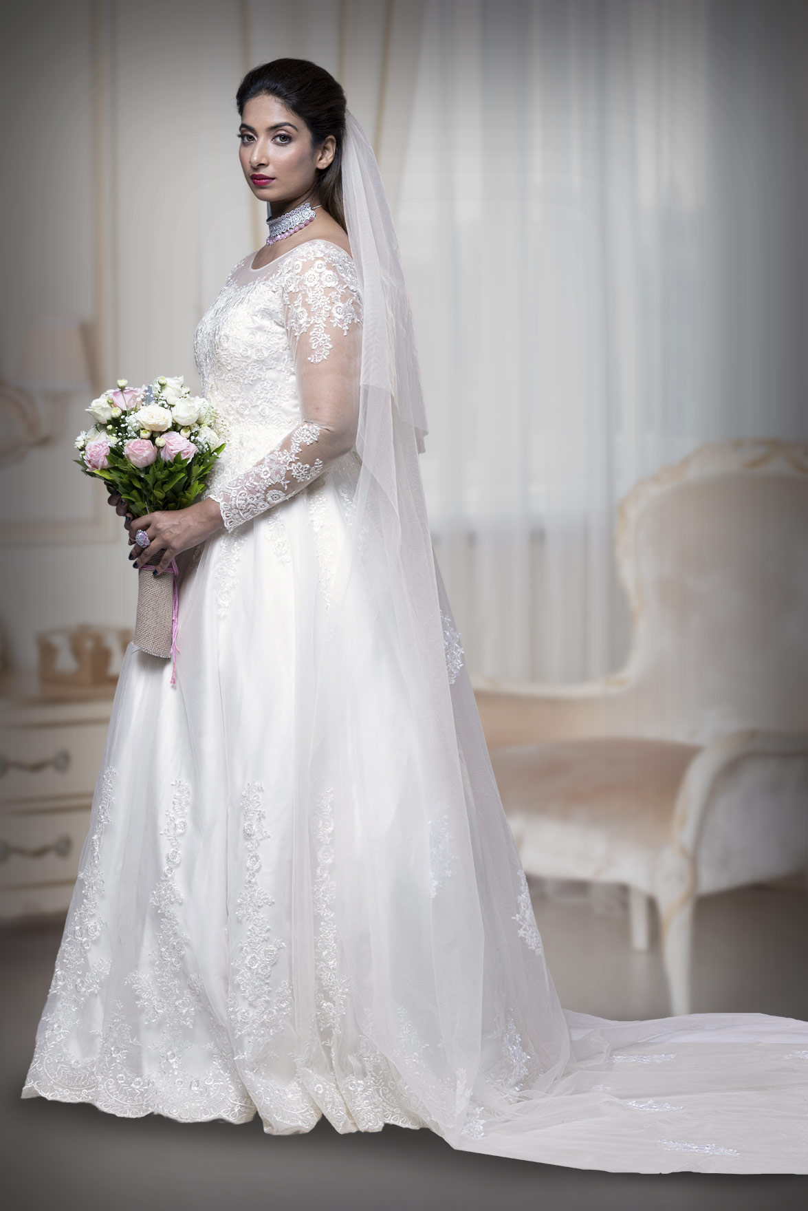 Light ivory  oriental lace work net veil