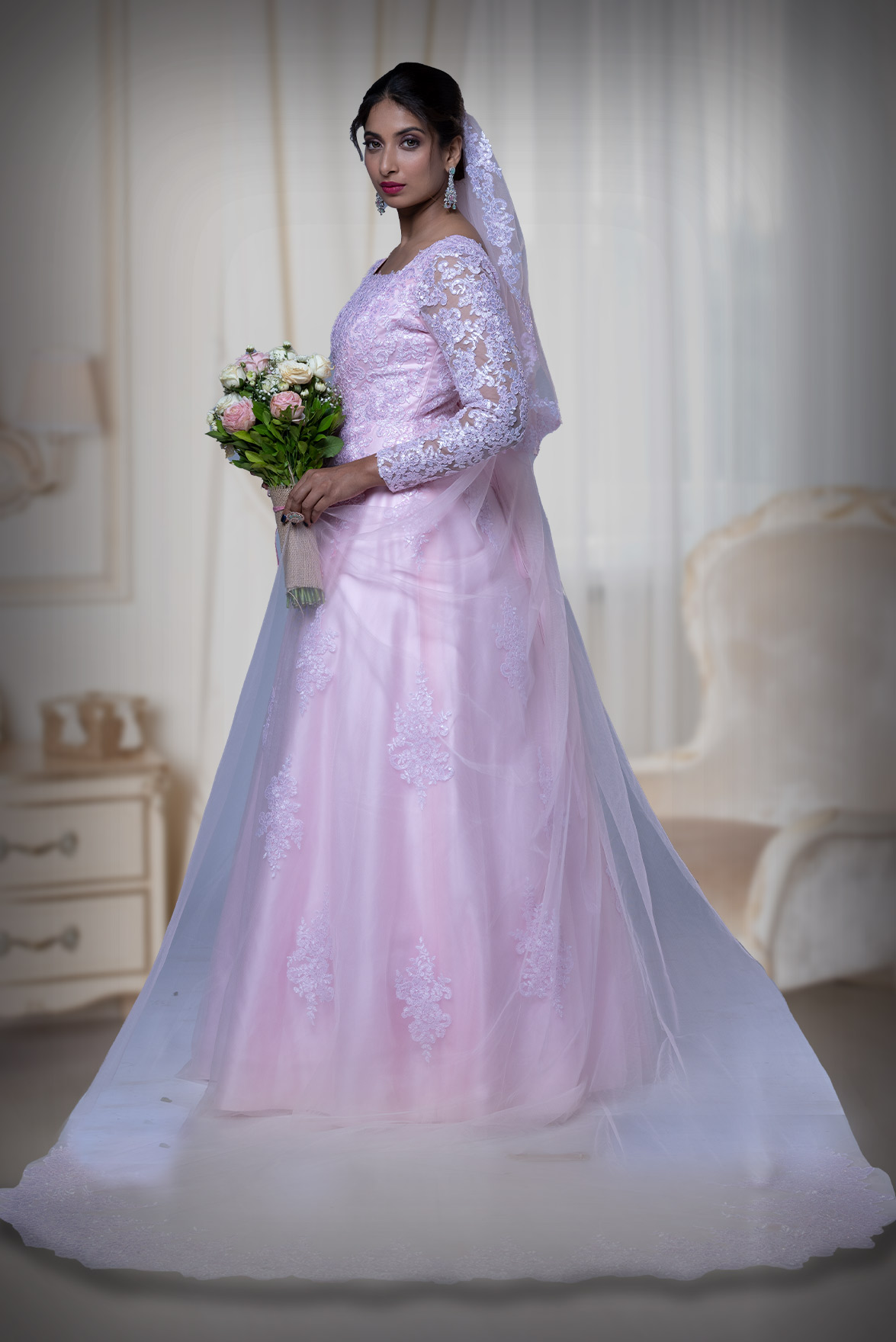 Baby pink corded lace work net veil