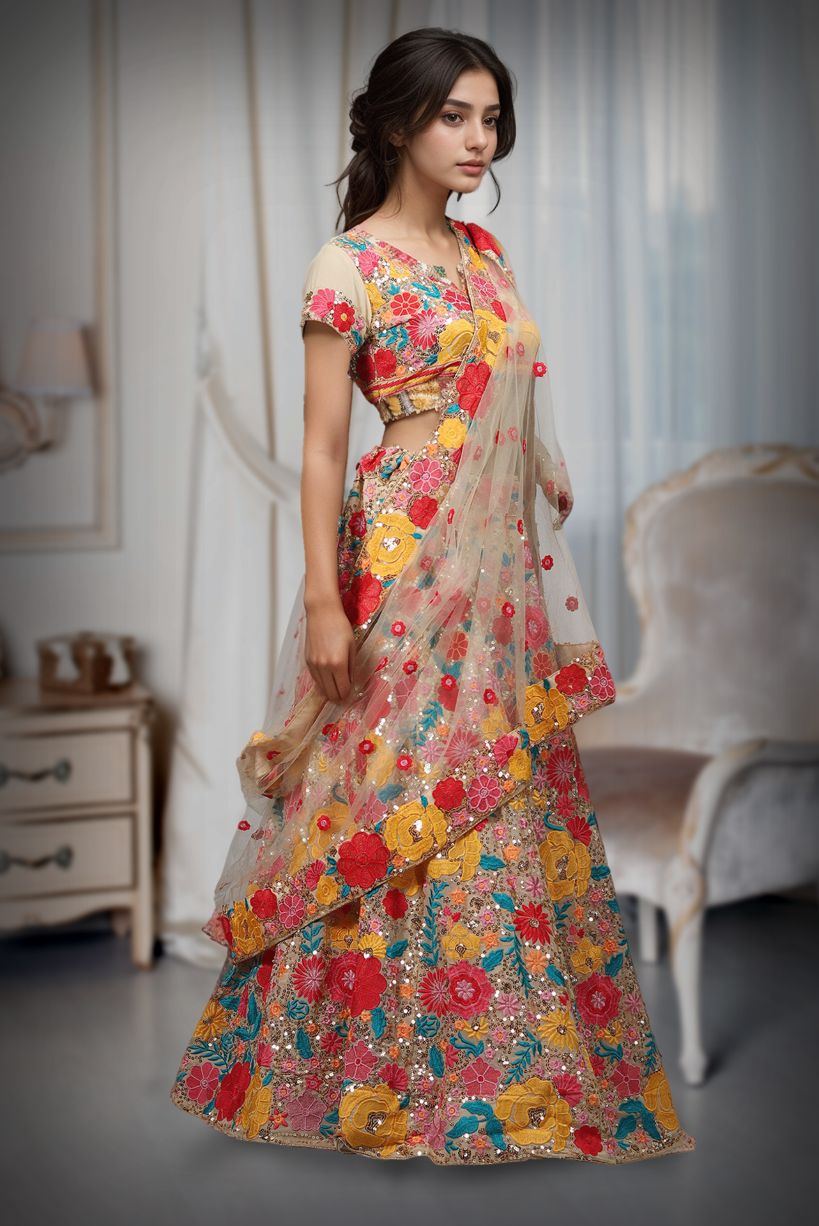 Chikoo Multicolour Threadwork Floral Lehenga