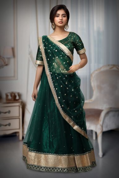 Bottle Green Nylon Lehenga With Heavy Worked Blouse And Well Detailed Dupatta