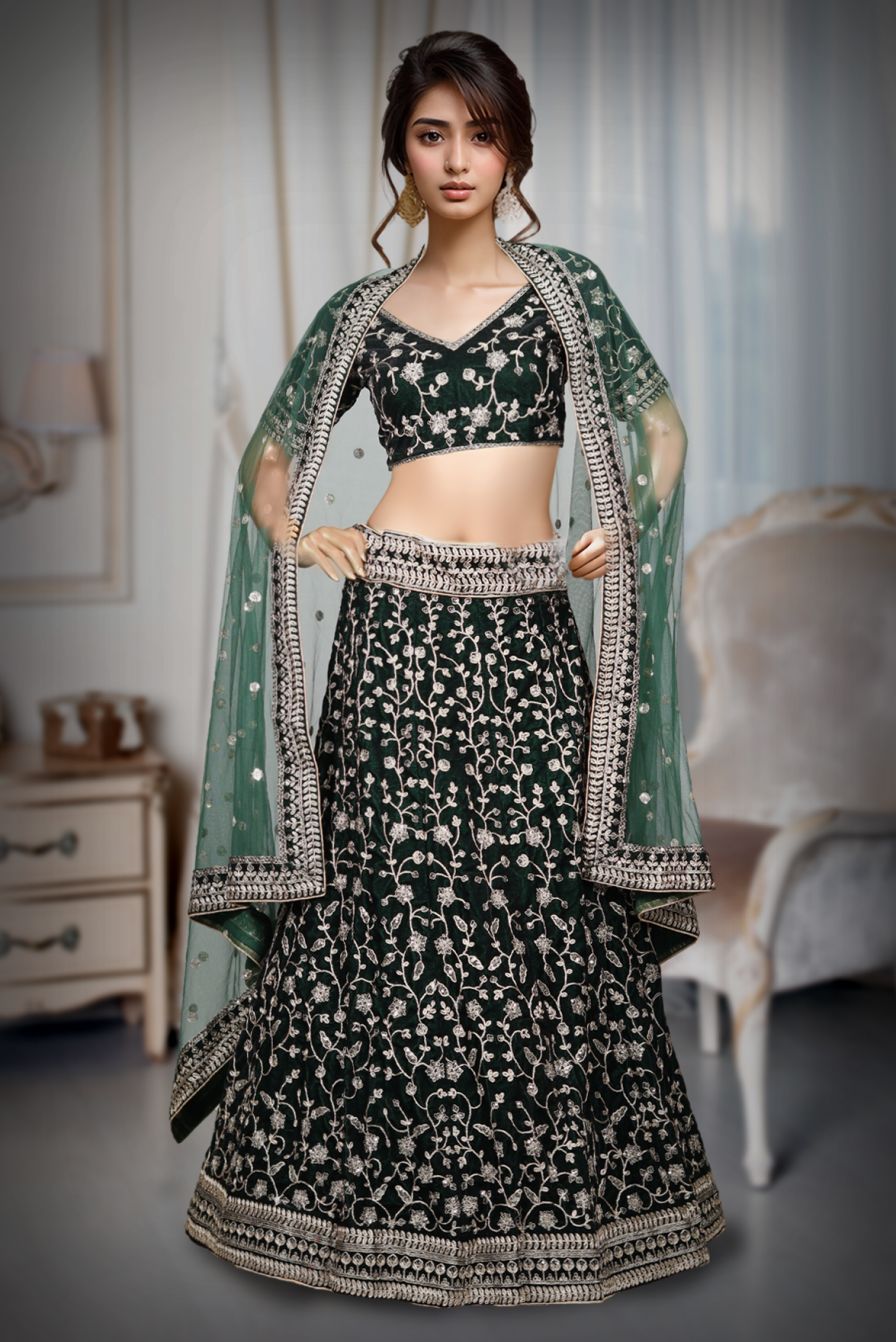 Bottle Green Colour Velvet Lehenga With Same Colour Blouse And Dupatta