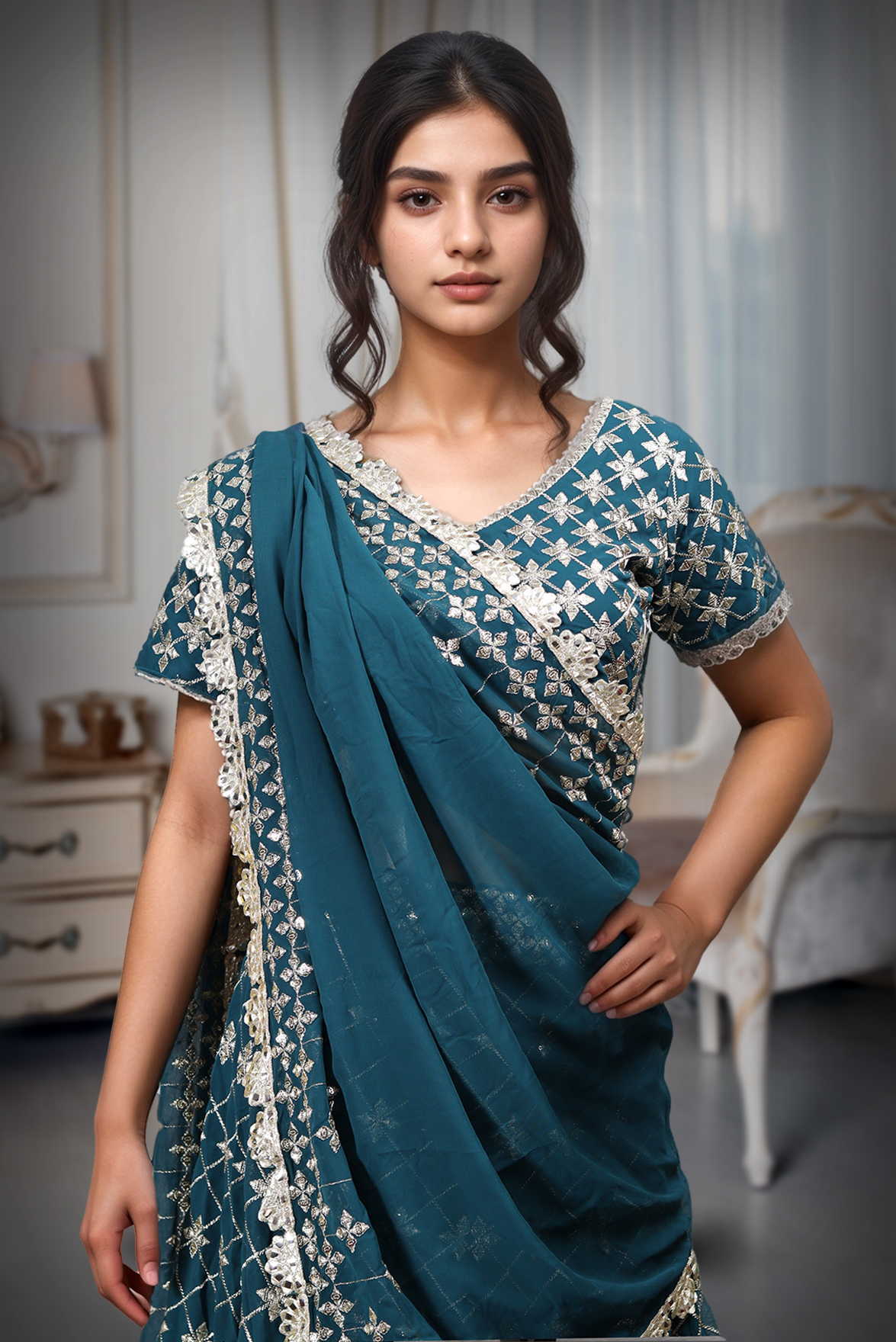 Bottle Green Faux Georgette Sequince Worked Lehenga