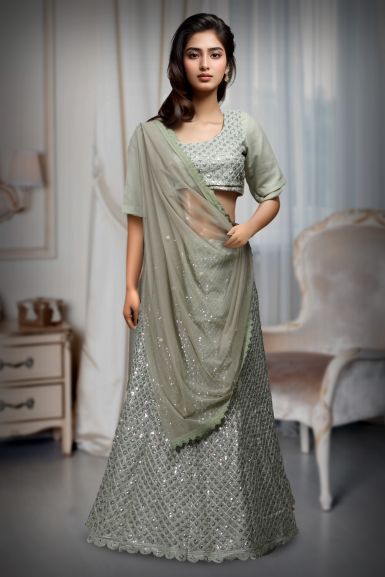 Avocado Green Faux Georgette Sequince Worked Lehenga With Same Colour Blouse And Dupatta