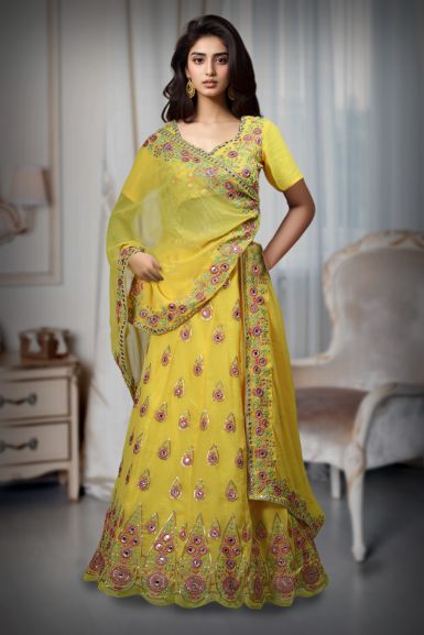 Yellow Georgette Mirror Work And Threadword Embellished Lehenga