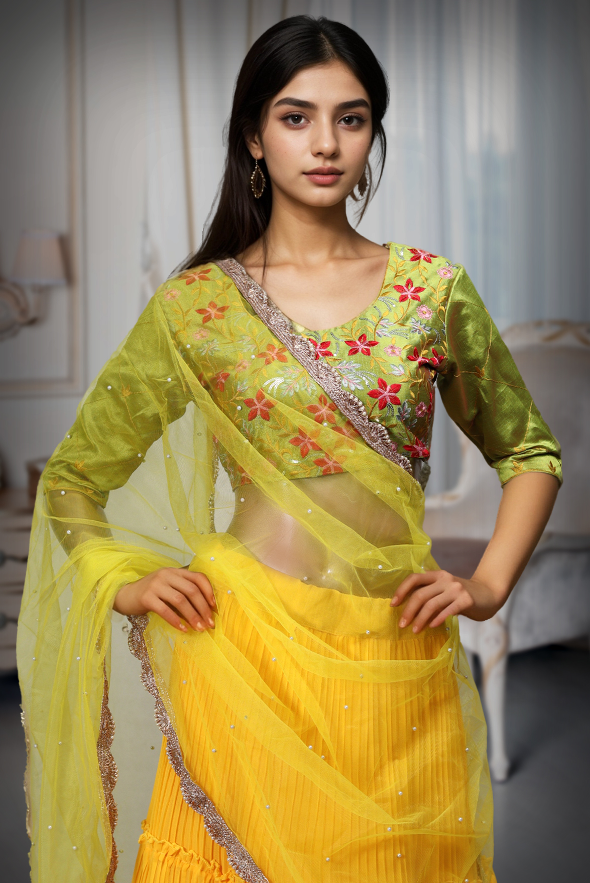 Yellow  Georgette Flare Lehenga With Floral Embellished Blouse And Dupatta