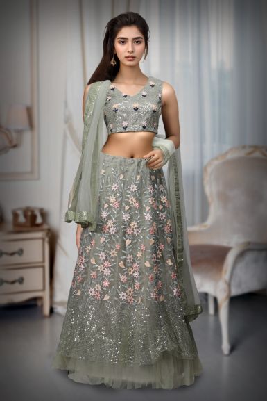 Pastel Green Net Embroidered Lehenga With Same Colour Dupatta And Blouse
