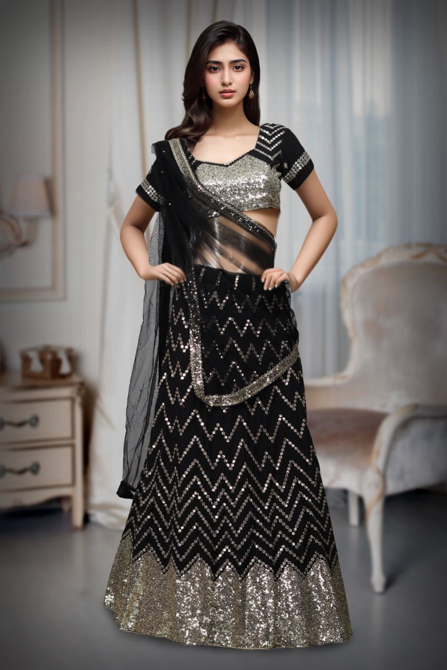 Black Colour Georgette Lehenga With Heavy Golden Zari Work Detailing And Heavy  Detailed Blouse