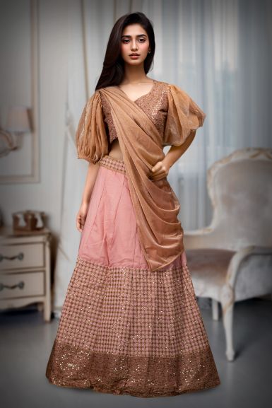 Baby Pink Georgette Lehenga With Threadwork Along With Same Colour Blouse And Glittery Fabric Dupatta