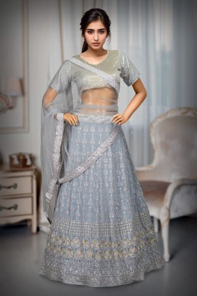 Grey Georgette Lehenga With FullySequin Embellished  Skirt With Matching Blouse And Dupatta