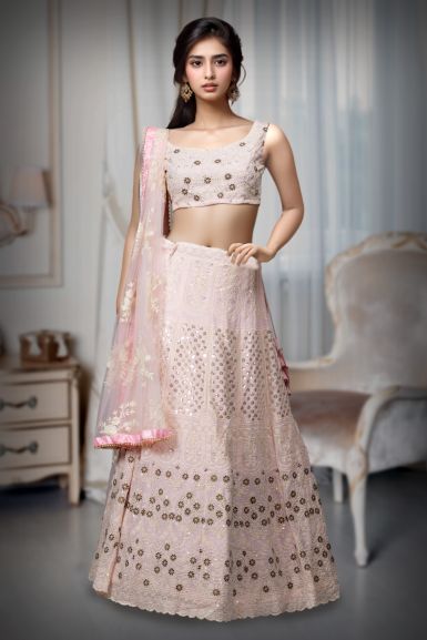 Baby Pink Georgette Lehenga With Heavy Sequin Embroidery With Threadwork Along With Same Colour Blouse And Dupatta