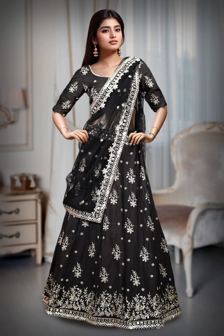 Black Colour French Silk Lehenga With Heavy Golden Zari Work Detailing
