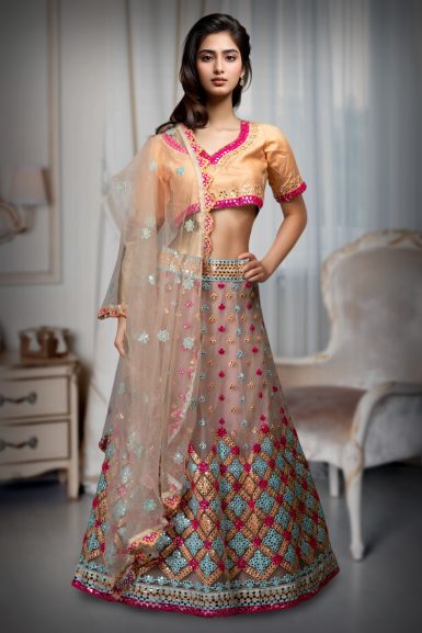 Multicolour Bangalori Silk Artificial Mirror Heavy Embellished Bridal Lehenga