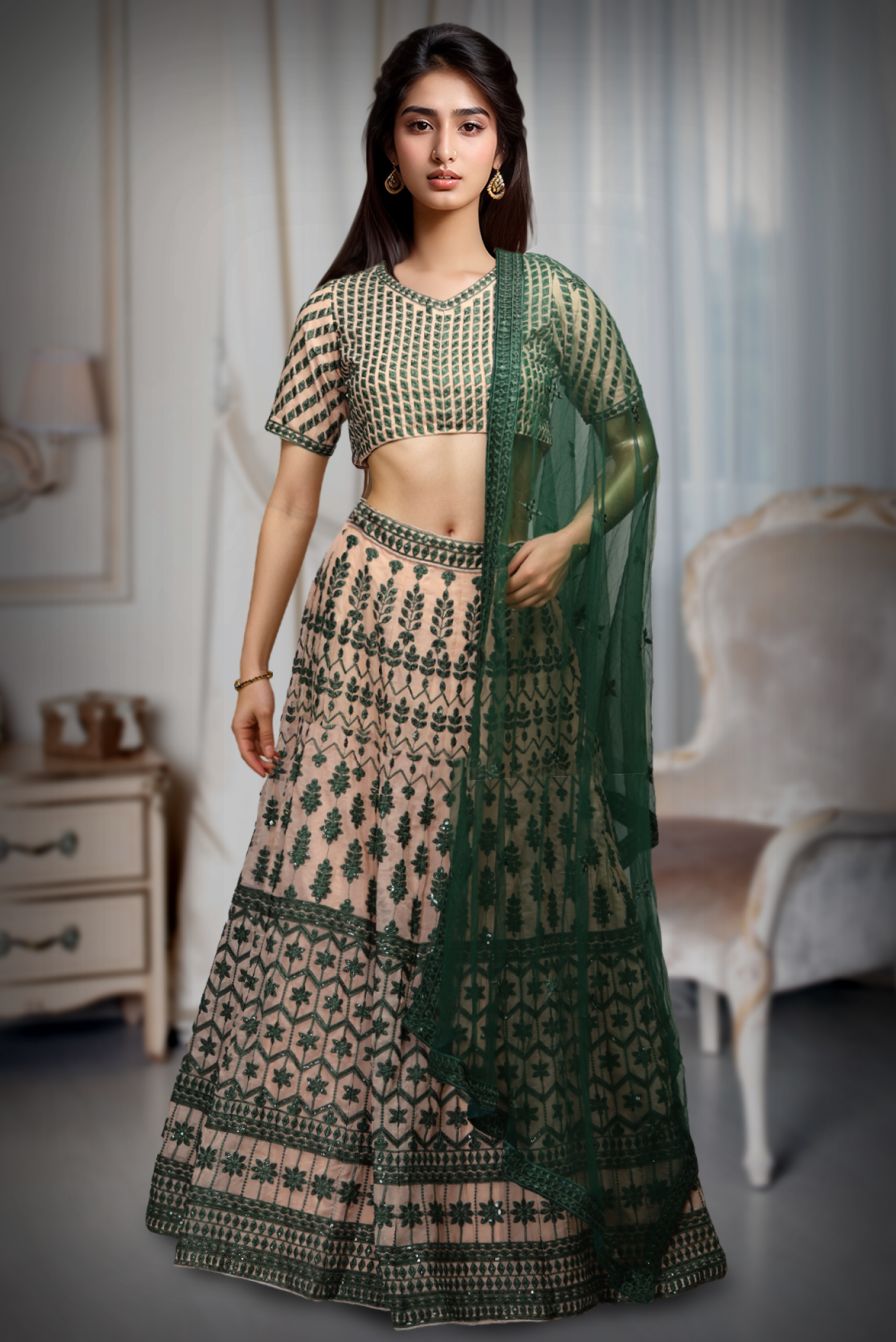 Chikoo And Green Threadworked Minimal Lehenga With Green Blouse And Dupatta