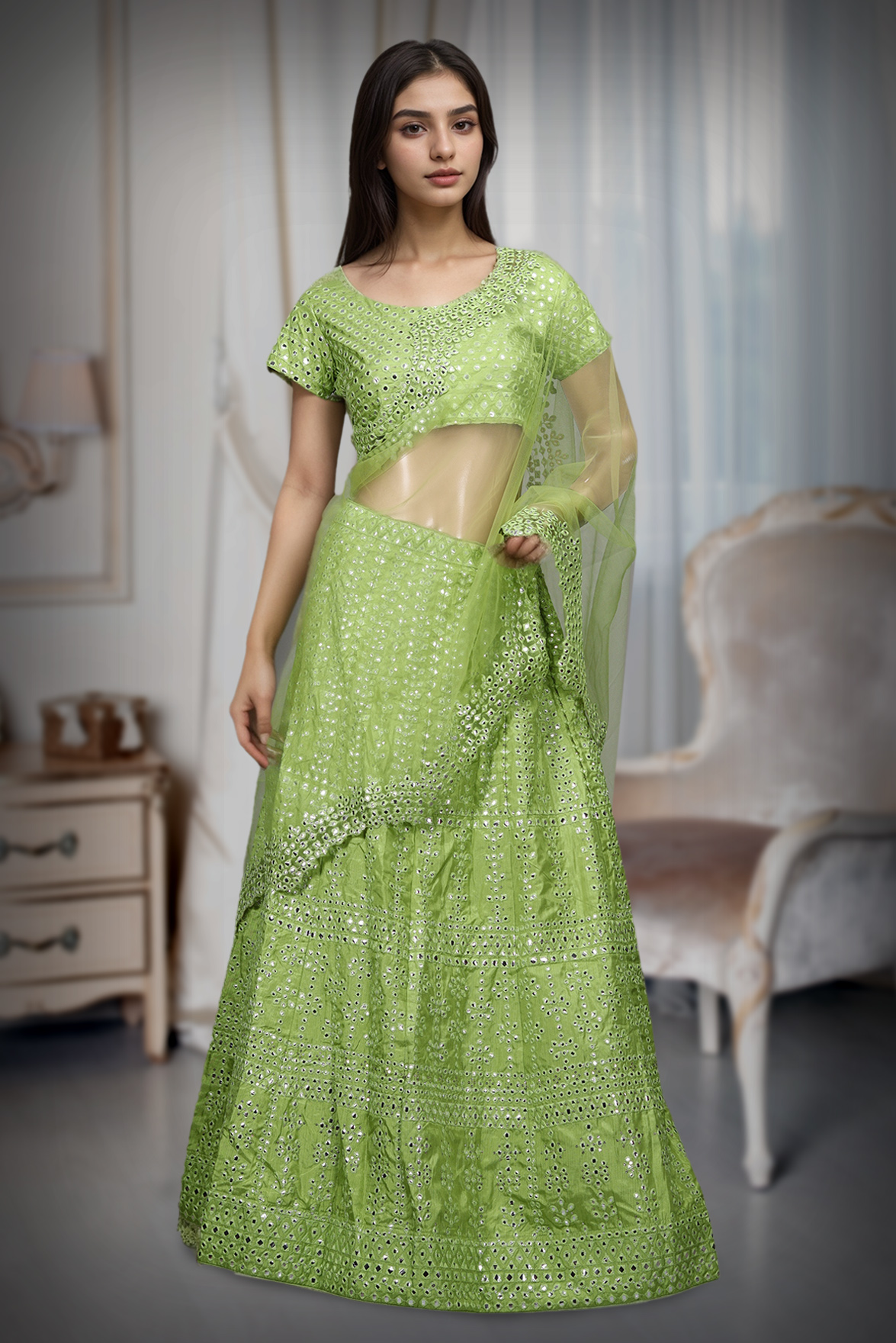 Lime Green Viking Silk Artificial Mirror Work Lehenga With Same Colour Blouse And Dupatta