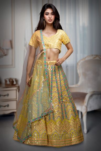 Yellow Dola Silk Multi Thread Sequins Work Lehenga With Same Colour Blouse And Multicolour Dupatta