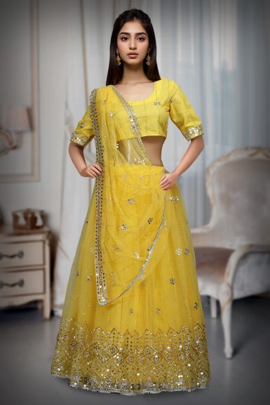 Yellow Net Multi Thread Sequins Work Lehenga With Same Colour Blouse Dupatta