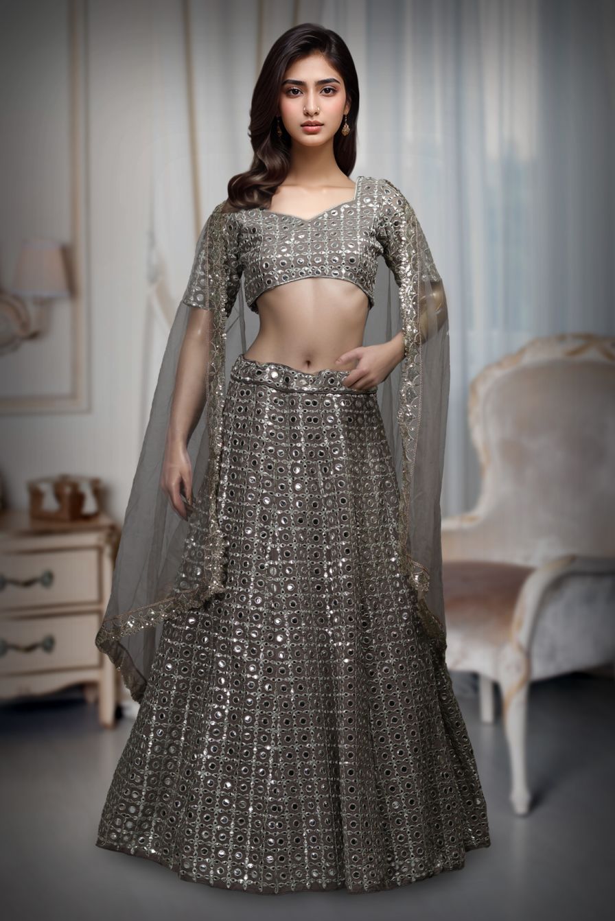 Heavy Mirror Worked Faux Georgette Lehenga With Same Colour Blouse And Dupatta