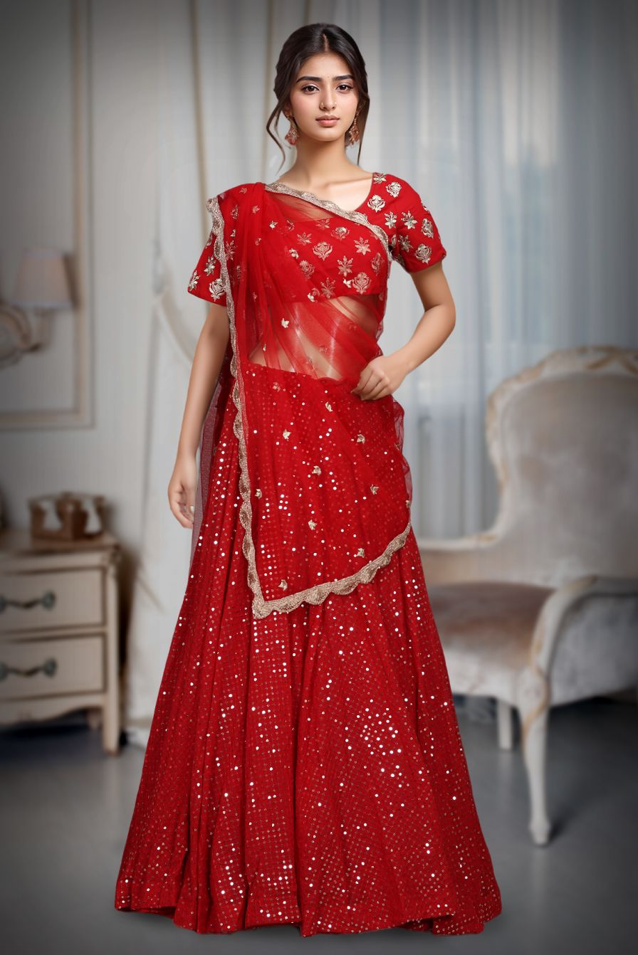 Chilli Red Minimal Lehenga With Sequin Work Along With Heavy Worked Blouse And Dupatta